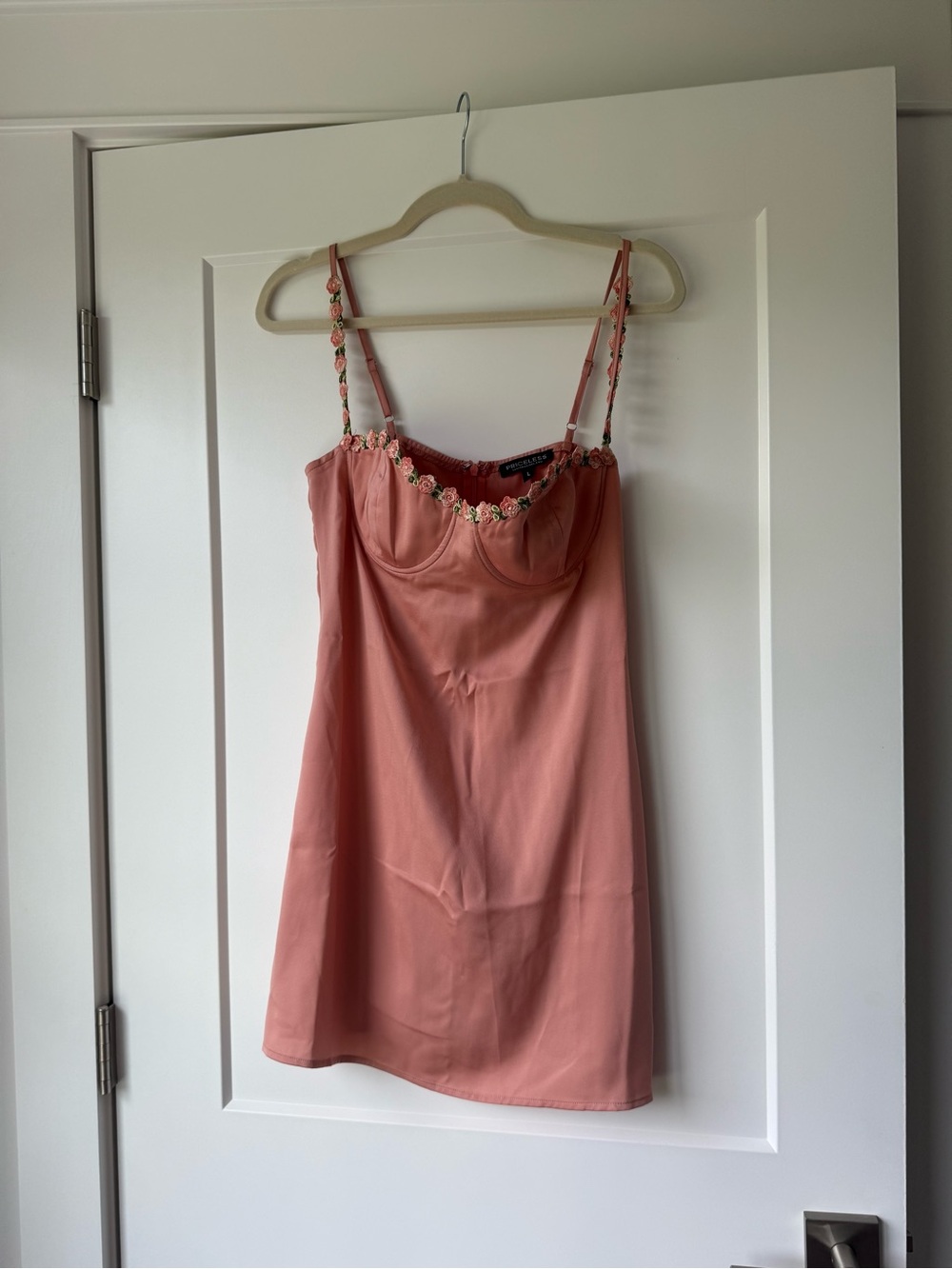Silky Dusty Rose Mini Dress with Floral Trim
